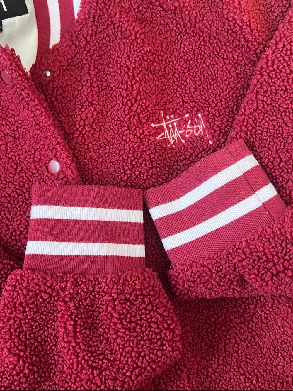 Stussy Maroon Sherpa Bomber Jacket with White Striped Trim - Picture 3 of 4